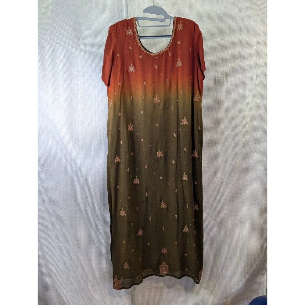 Sequin Embroidered Ombre Salwar Kameez Kurta Tunic Top L/XL Brown Orange (M13)